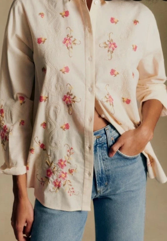 Women's cream floral embroidered button-up shirt with long sleeves