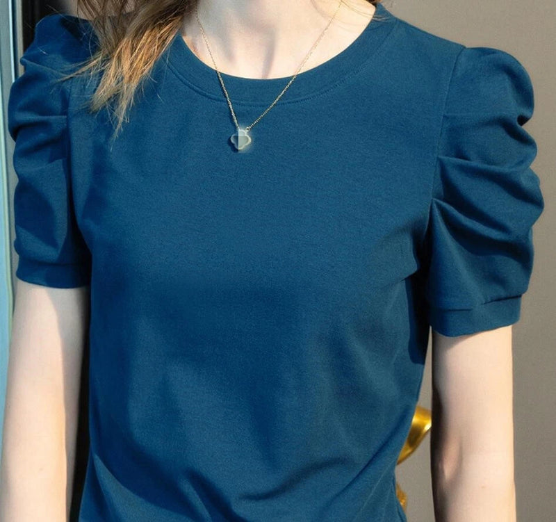 Teal round-neck puff-sleeve women’s T-shirt, short sleeves