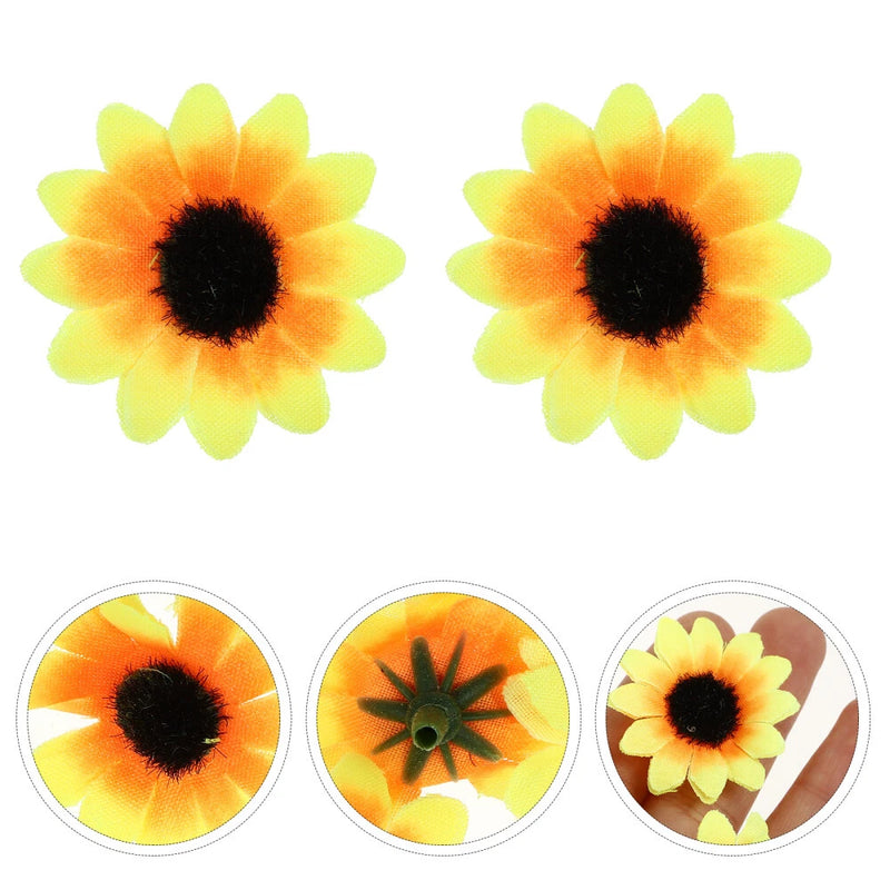 Set of faux sunflower heads, bright yellow-orange petals with dark center, craft decor
