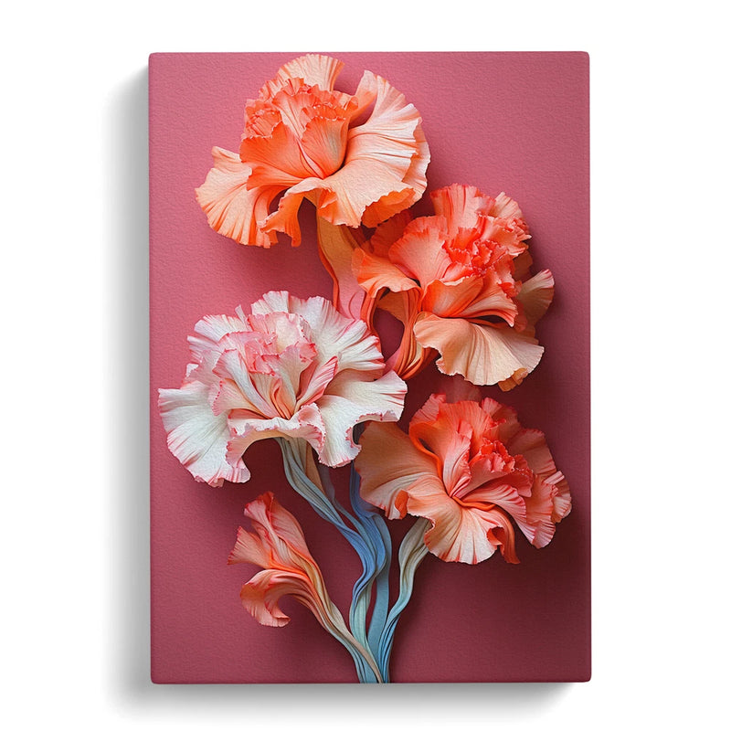 Framed canvas wall art of coral and white carnation flowers with green stems