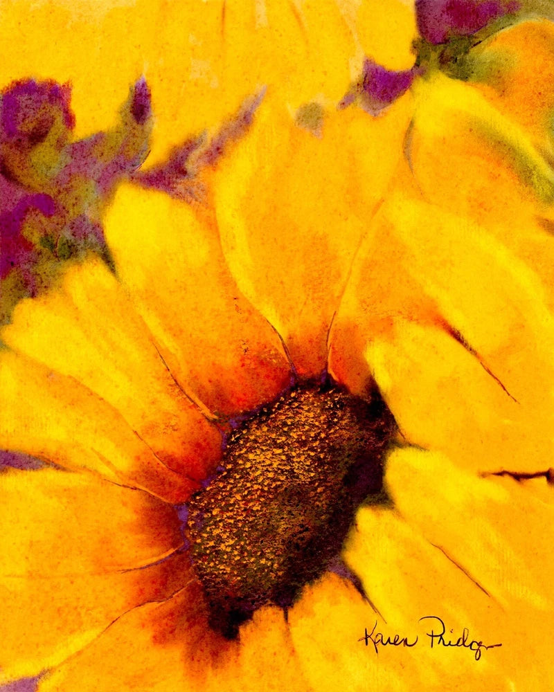 Sunflower art print card with close-up yellow petals and dark textured center