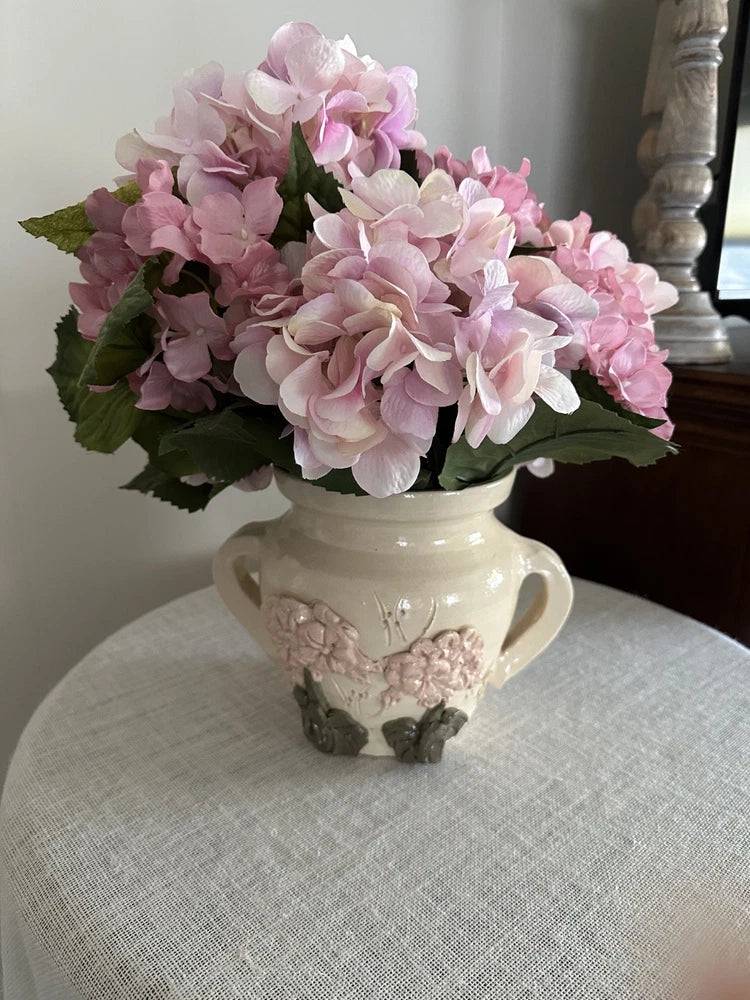 New  Luxury Pink hydrangea  Silk Floral Arrangement in vintage Saybrook vase Peony