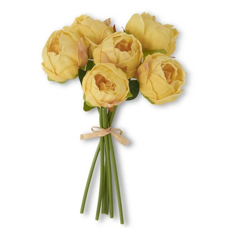 Yellow faux peony silk flower bouquet with wrapped stems