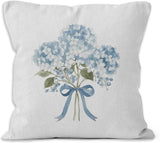 Blue Hydrangea Floral Throw Pillow Covers 18X18, Blue Coquette Bow Flowers Bouqu Hydrangea