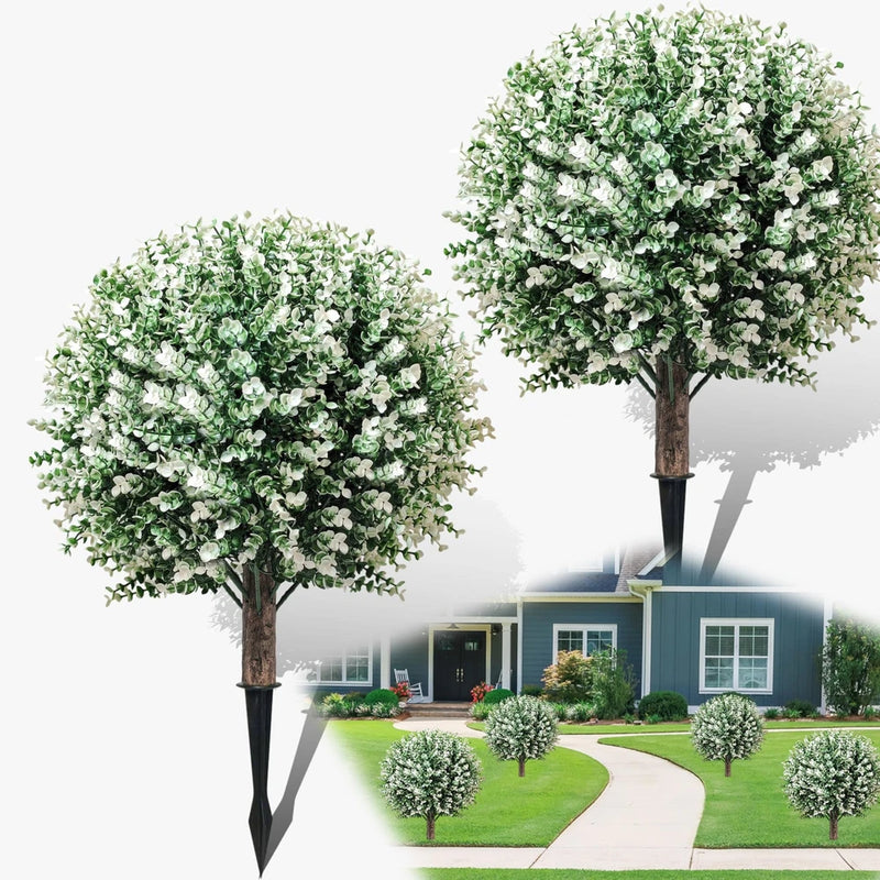 Artificial boxwood topiary tree set of two with green faux shrub leaves on stakes.