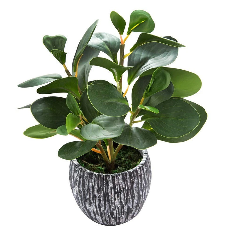 Artificial fiddle leaf fig plant in small gray textured pot with green leaves