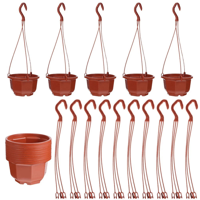 Set of red-brown plastic hanging plant pots with hooks and chains