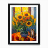 Flower Vase Sunflower With A Cat 3  Framed Wall Art Poster Canvas Print Picture Sunflower