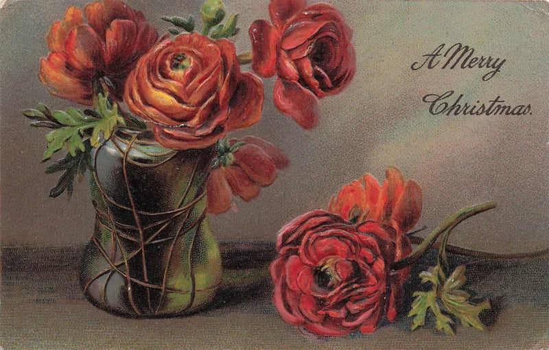 Christmas Dark Macabre Still Life Red Ranunculus Flowers Vase Vtg Postcard I31 Ranunculus