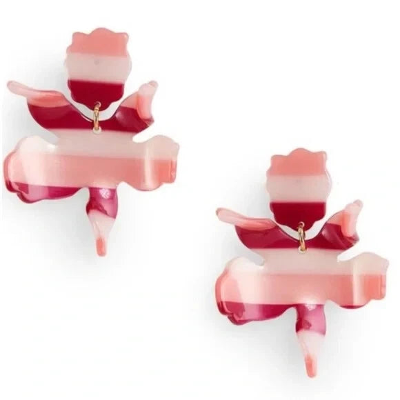 Striped pink paper lily earrings with gold-tone hook backs
