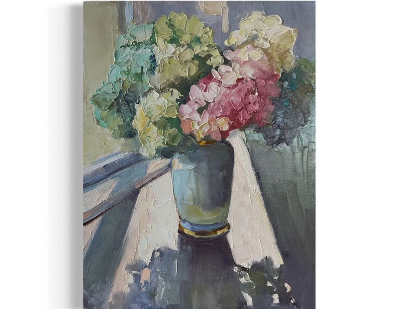 Original Oil Painting Hydrangeas Bouquet Pink White Floral Wall Art Hand Painted Hydrangea