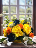 Rose Peony Mix Floral Arrangement Centerpiece Blue Yellow Orange Bowl Planter Peony