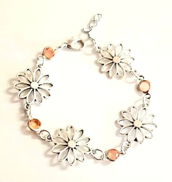 Silver Daisy Bracelet Daisies Womens Flower Bracelet Crystal Flower Jewelry Daisies