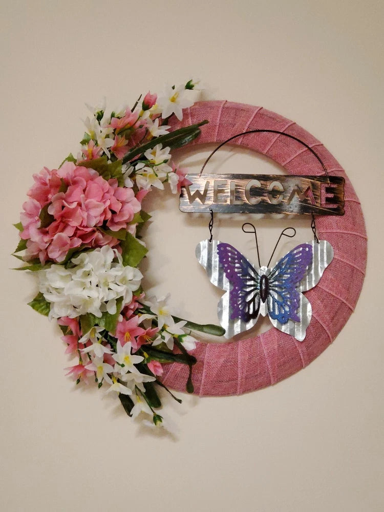 WELCOME wreath FLOWER Pink White Hydrangeas Tweedia Butterfly SPRING summer Door Hydrangea