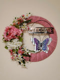 WELCOME wreath FLOWER Pink White Hydrangeas Tweedia Butterfly SPRING summer Door Hydrangea