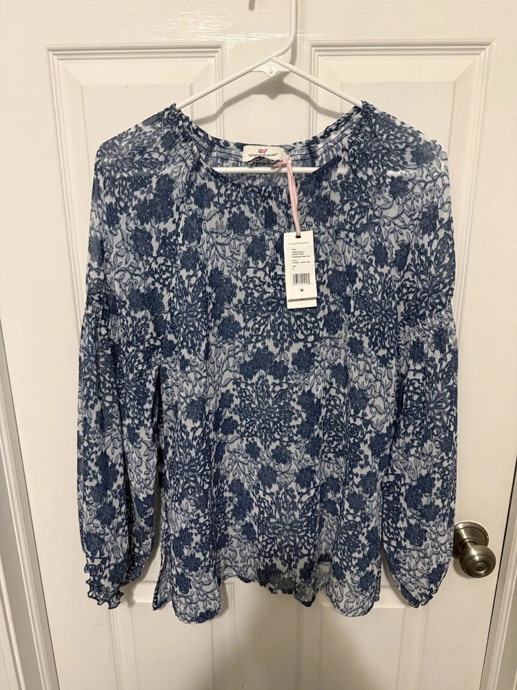 NEW Vineyard Vines Sheer Hydrangea Print Top Womans Ballon Sleeve Sz M Layering Hydrangea