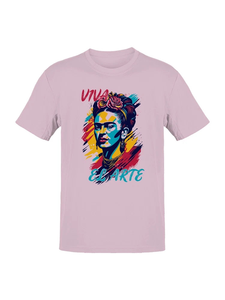 Women's lilac graphic T-shirt with Frida Kahlo portrait and colorful text