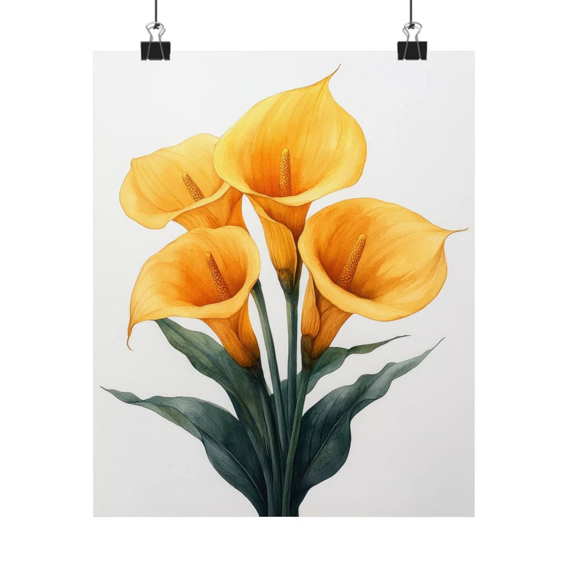 Yellow calla lily flower art print poster with four blooms and green leaves on white
