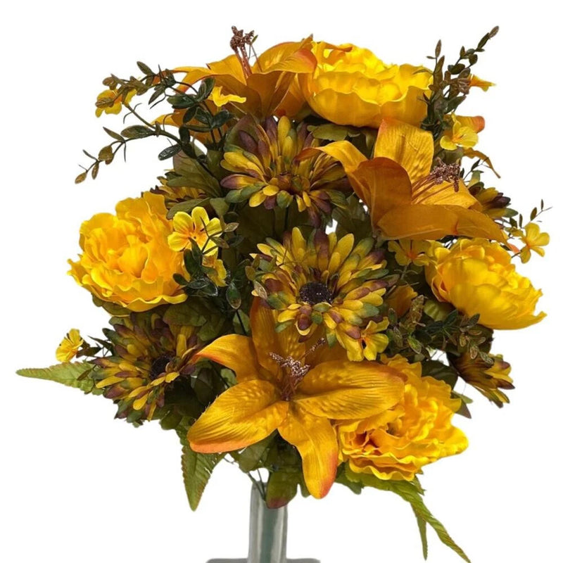 26" Golden Yellow Artificial Mixed Lily, Peony, & Gebera Bush Peony