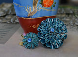 VTG Coro Enamel Metal Turquoise Carnation w/ Blue Rhinestone Brooch & Earring Carnation