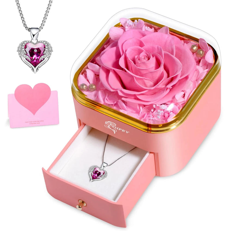 Valentines Day Gifts for Her - Preserved Real Pink Rose with Heart PINK Bouquet