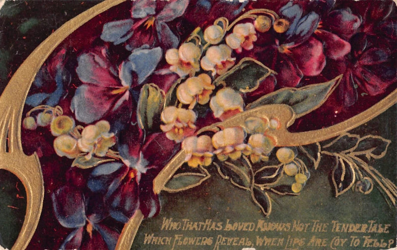 Lovely Lily of the Valley & Violets on 1910 Postcard - Gold Flower Series B Lily