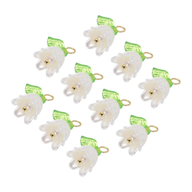 Set of 10 lily-of-the-valley acrylic charms, white flowers, green tops, gold loops