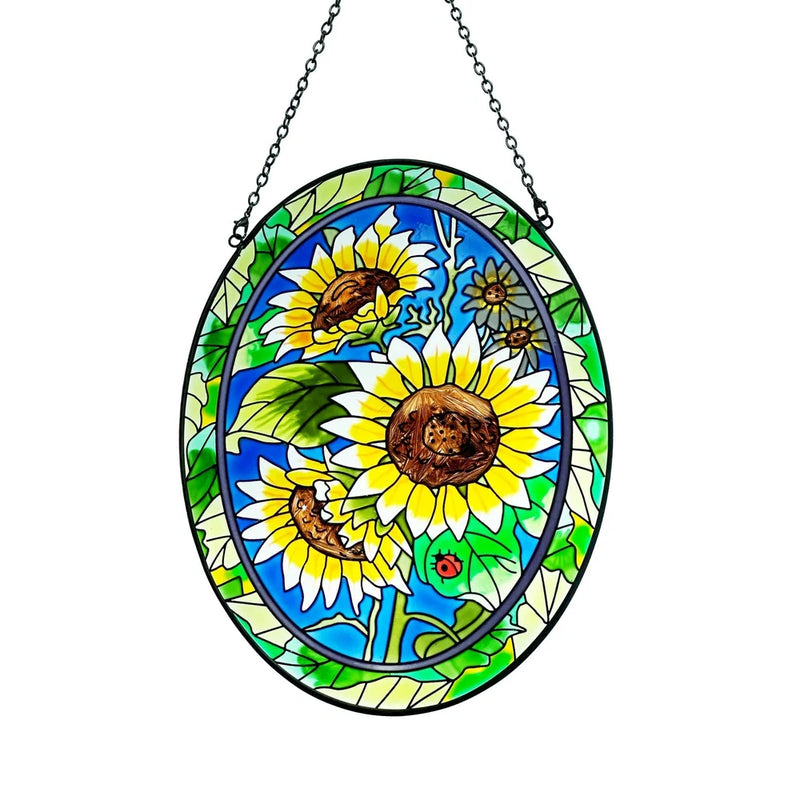 Sunflower stained-glass oval suncatcher with hanging chain and blue-green frame