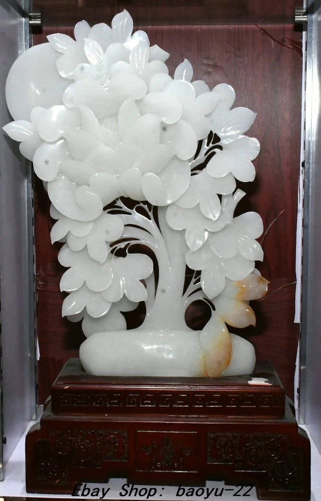 20.4''Chinese White Jade Carving Fengshui Peony Flower Statue Sculpture Peony