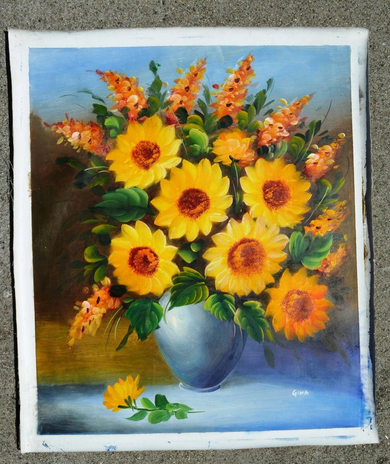 Sunflower bouquet oil painting on canvas with yellow flowers in a blue vase