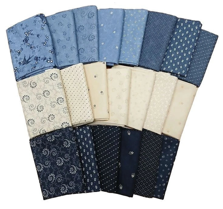 10 Fat Quarters - Bluebird's Nest Kansas Troubles by Moda Blues Creams M223.21 Flowering Plants