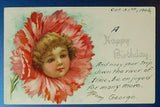 Childs Face in Flower Carnation-Antique Happy Birthday Postcard 1906 Brundage Carnation