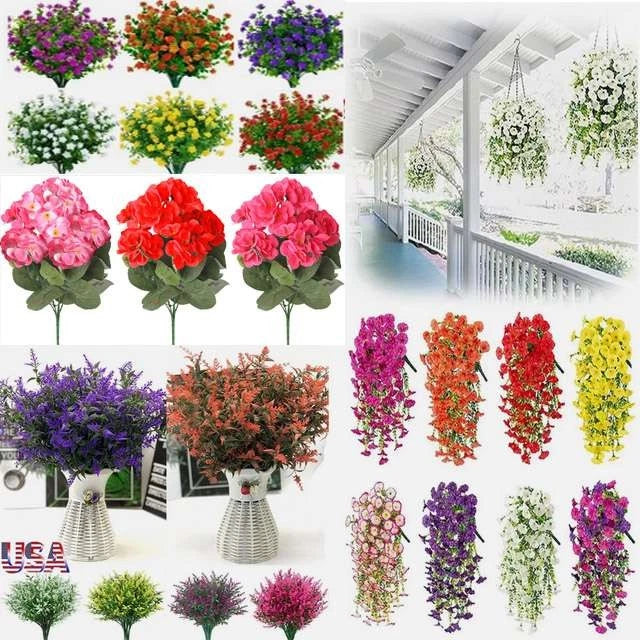Artificial hanging flower vine plants, faux rose clusters in mixed colors on display