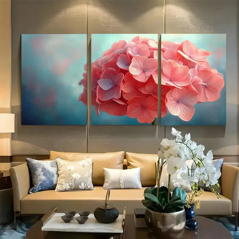 3pcs Elegant Pink Hydrangea Flower Metal Print Ready to Hang Art Hydrangea