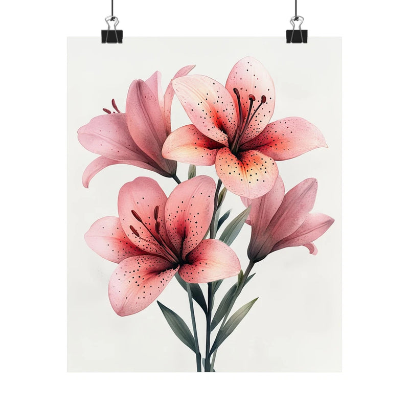 Pink tiger lily flower art print poster with 3 bloom bouquet