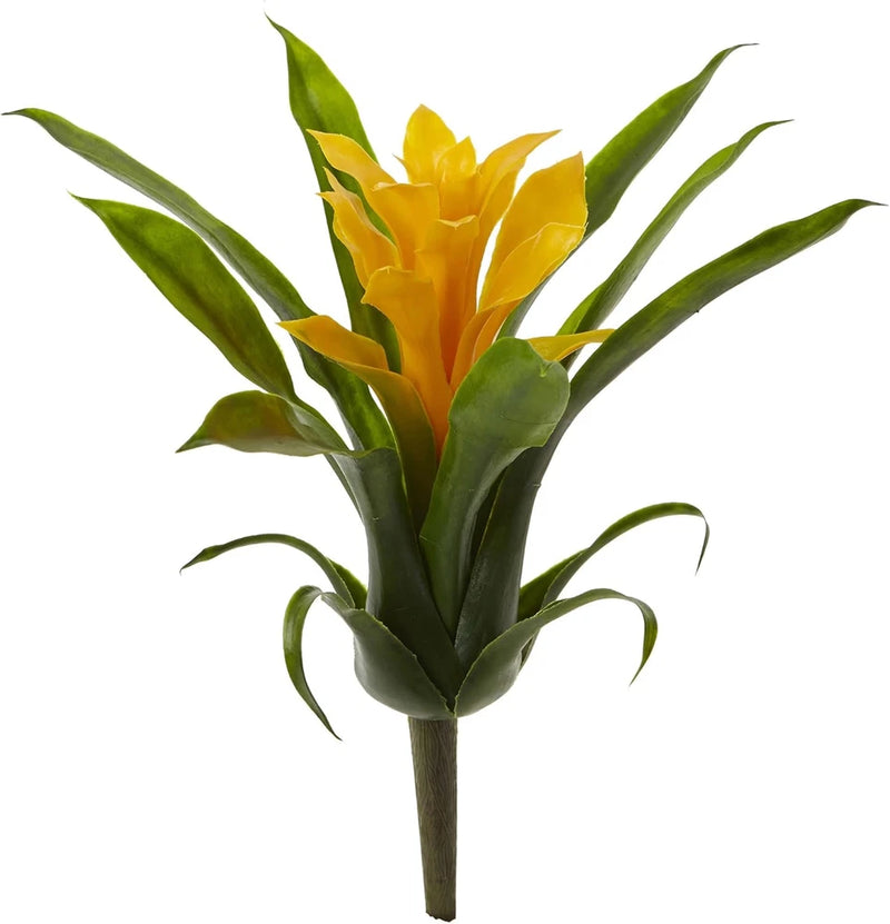 Artificial bromeliad flower with yellow blooms and green spiky leaves