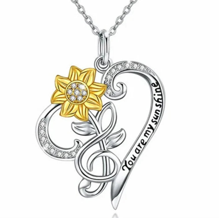 Two Tone CZ Heart Sunflower Pendant You Are My Sunshine Necklace 18" Gift Box B4 Sunflower