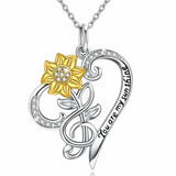 Two Tone CZ Heart Sunflower Pendant You Are My Sunshine Necklace 18