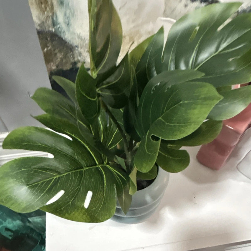 Artificial Monstera Green Potted Plant Arrangement in Blue Ribbed Pot Green Plant