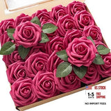 Artificial Flowers 25pcs Real Looking Fuchsia Foam Fake Roses with Stems for Bouquet