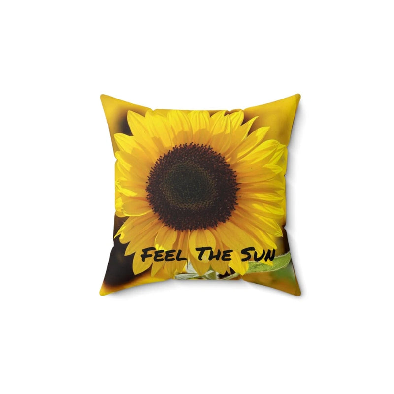 Sunflower square decorative pillow with bright yellow petals and dark center, bold text