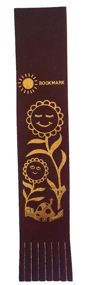 Happy Sunflowers Flower Mushroom  Brown Leather Bookmark Smiley Face Gift x Her Sunflower