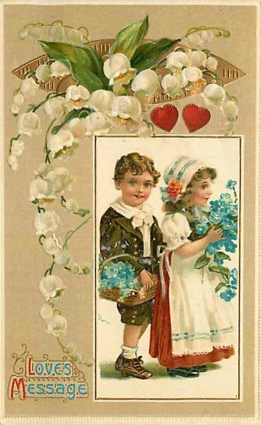 Embossed Valentine Postcard Children w/ Blue Flowers - Lilies of the Valley Lily