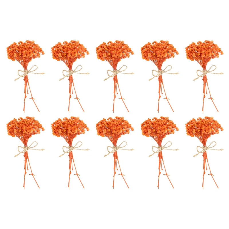 Set of 10 mini orange dried flower bouquets, baby-breath style, tied with twine