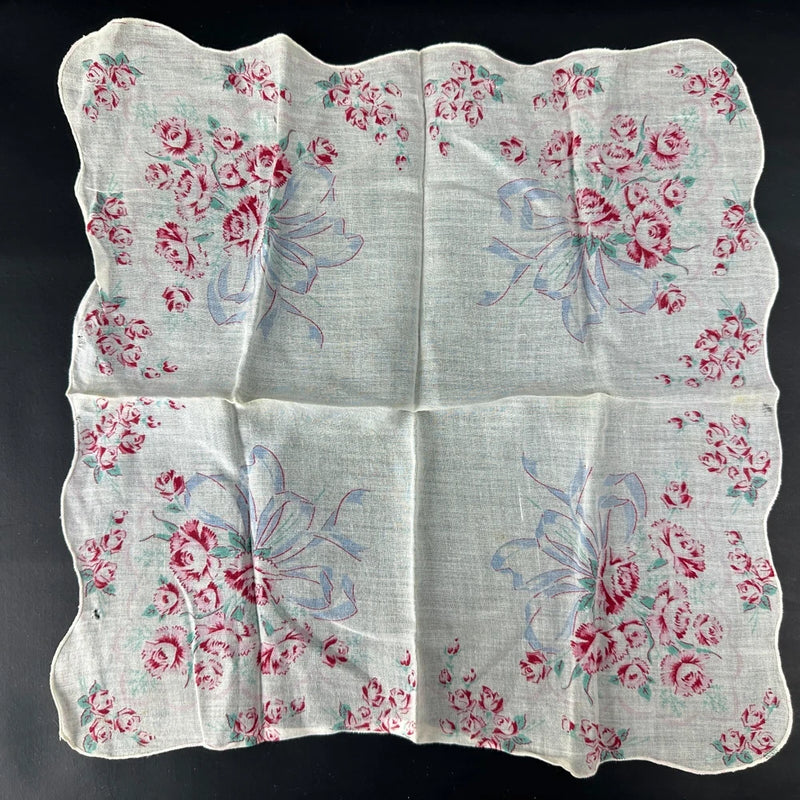 Vintage Handkerchief Hanky Beautiful Super Feminine Pretty Ribbon Carnation Pink Carnation