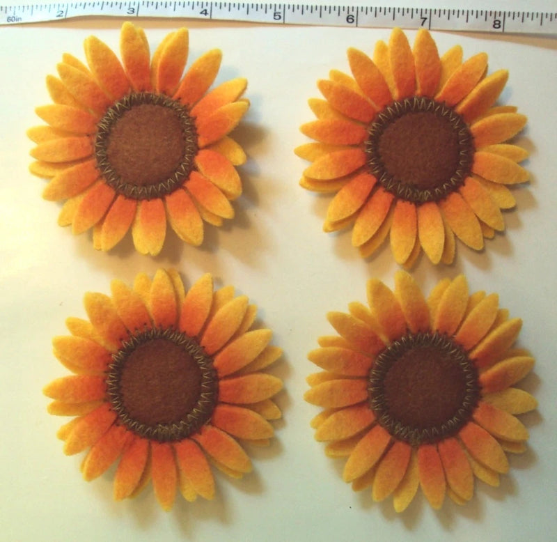 (4) Felt Stitched Double Sunflowers Yellow, NEW Sunflower