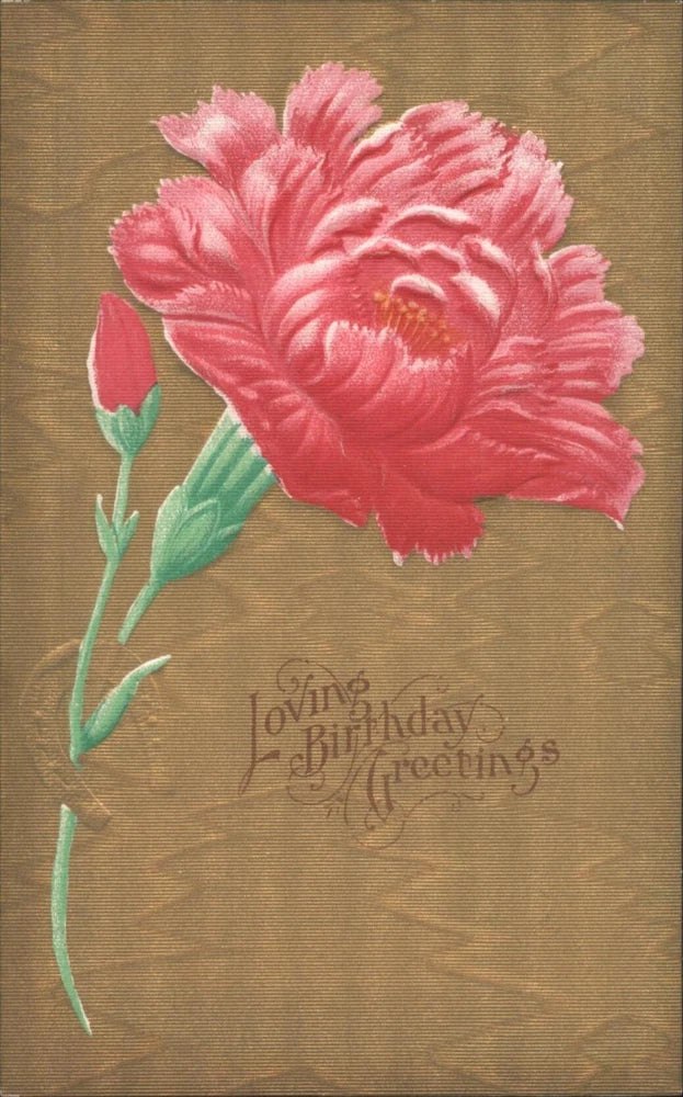 Vintage red carnation flower with bud on greeting card