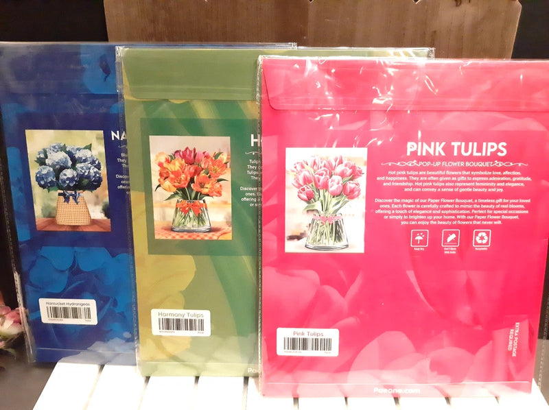 3) 3D POP UP FLOWER BOUQUET CARDS Pink Tulips Harmony Tulip Blue Hydrangea Hydrangea