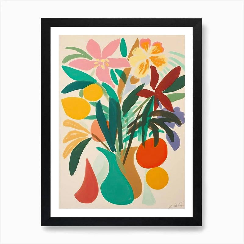 Framed floral wall art with colorful abstract lily bouquet illustration in a black frame