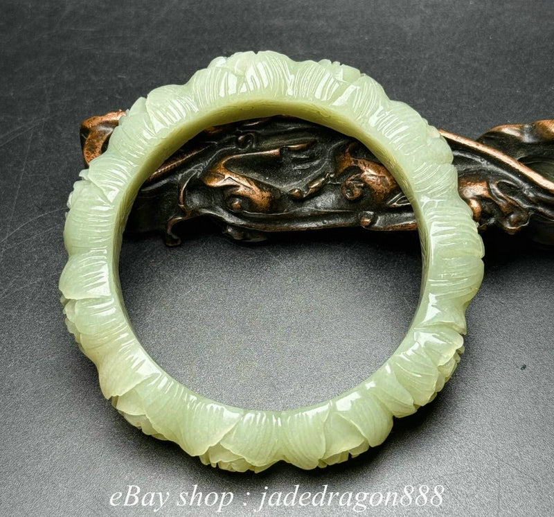 2.2" Natural Chinese Old Hetian Green Jade Carved peony flower Beautiful Bangle Peony